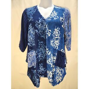 Wild Woman Patchwork Tunic Top L/XL Blue Batik Rayon Boho Artwear Lagenlook